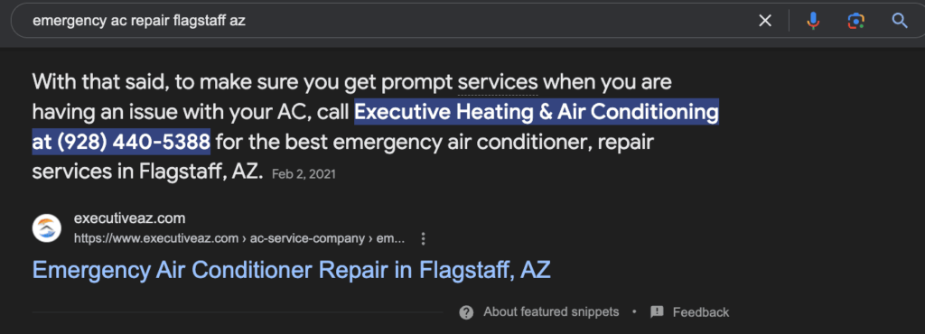 Executive Heating and Air Conditioning Featured Snippet (Screenshot)