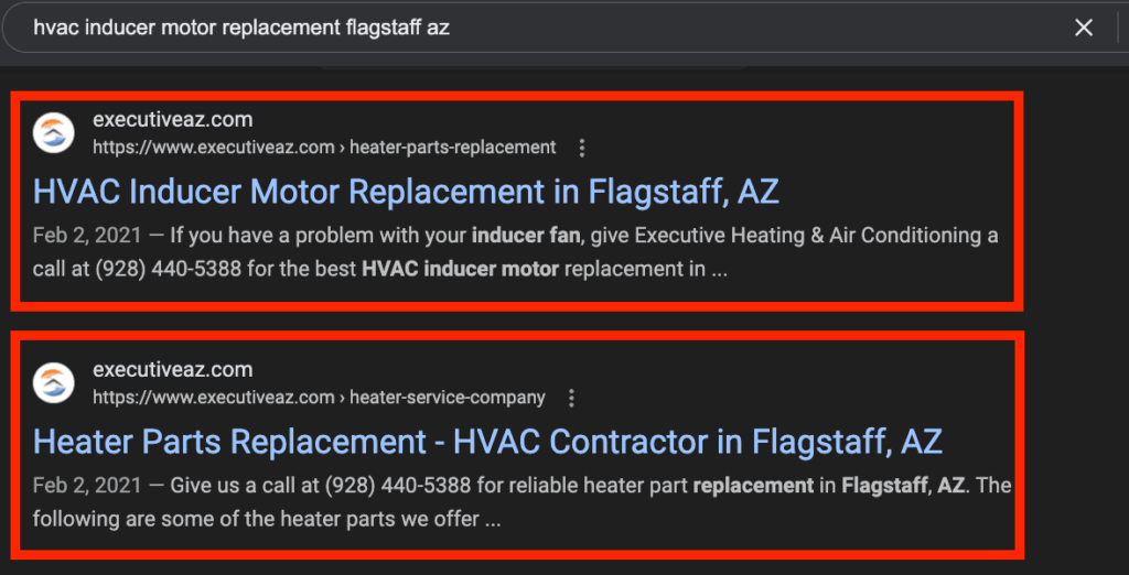 Executive Heating and Air Conditioning Organic Ranking (Screenshot)