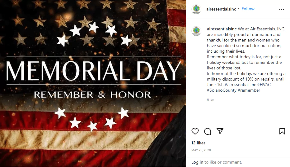 Social Media Post Showing Memorial Day Tribute