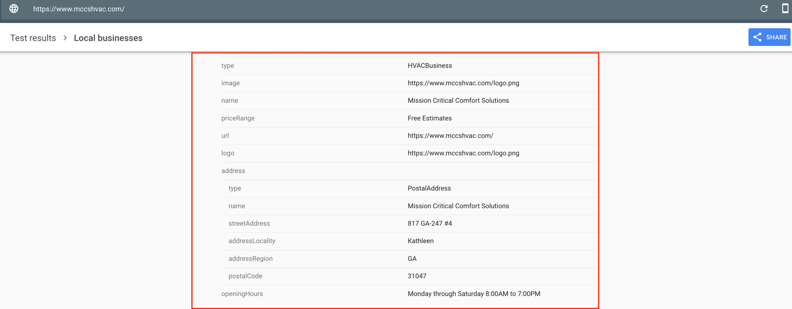 HVAC Schema Markup Test Example (Screenshot)